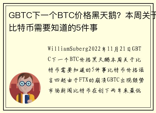 GBTC下一个BTC价格黑天鹅？本周关于比特币需要知道的5件事 